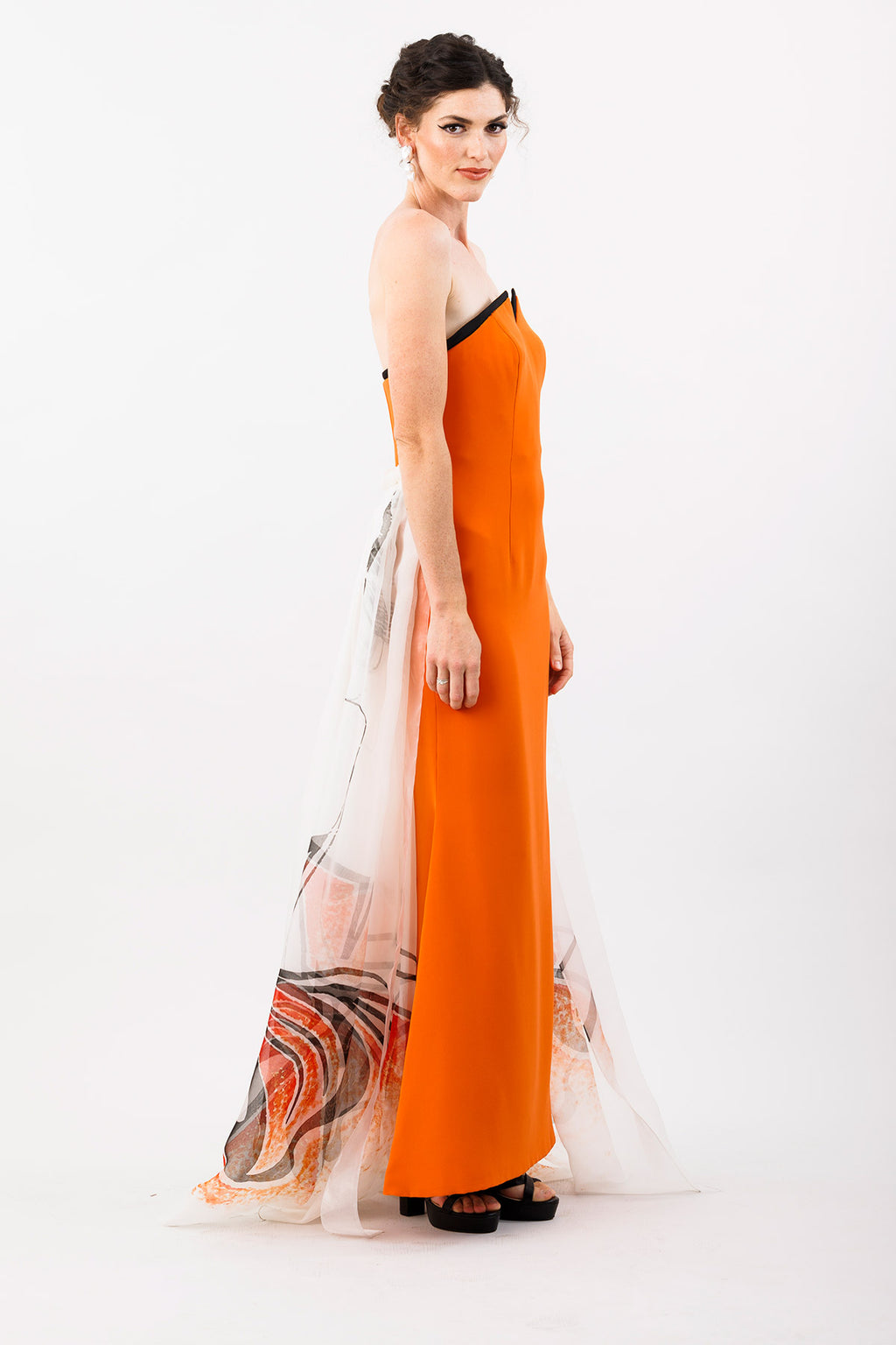 The Unnamed Princess Orange Silk Marocain Strapless Corseted Sheath Gown