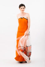 The Unnamed Princess Orange Silk Marocain Strapless Corseted Sheath Gown