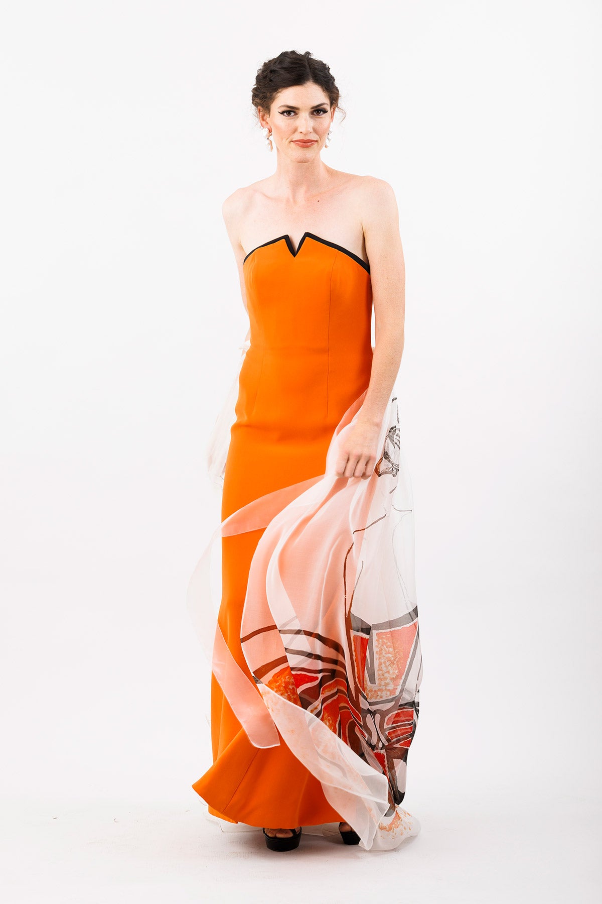 The Unnamed Princess Orange Silk Marocain Strapless Corseted Sheath Gown