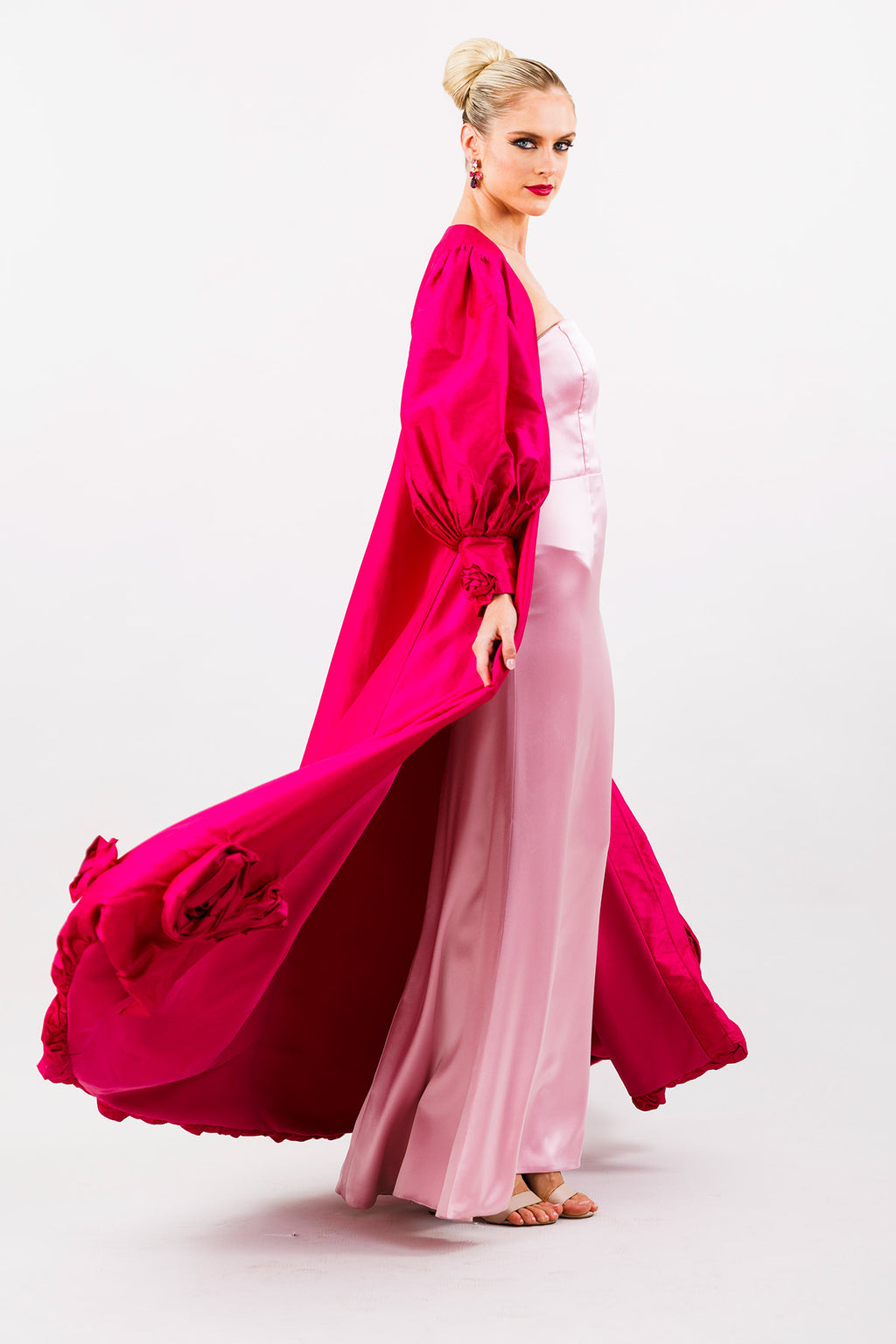 Off to Broadway Pale Pink Silk Blend Strapless Corseted Sheath Gown & Opera Coat