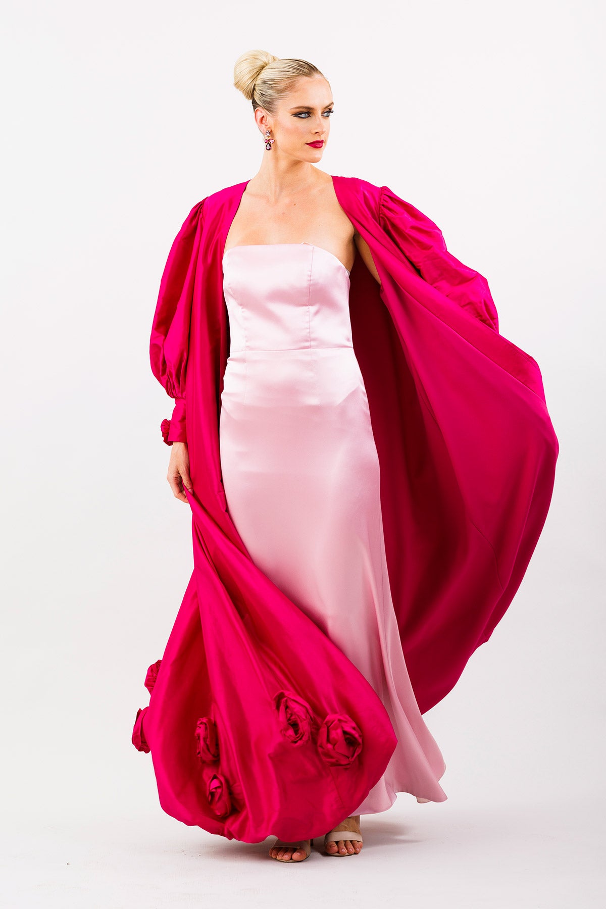 Off to Broadway Pale Pink Silk Blend Strapless Corseted Sheath Gown & Opera Coat