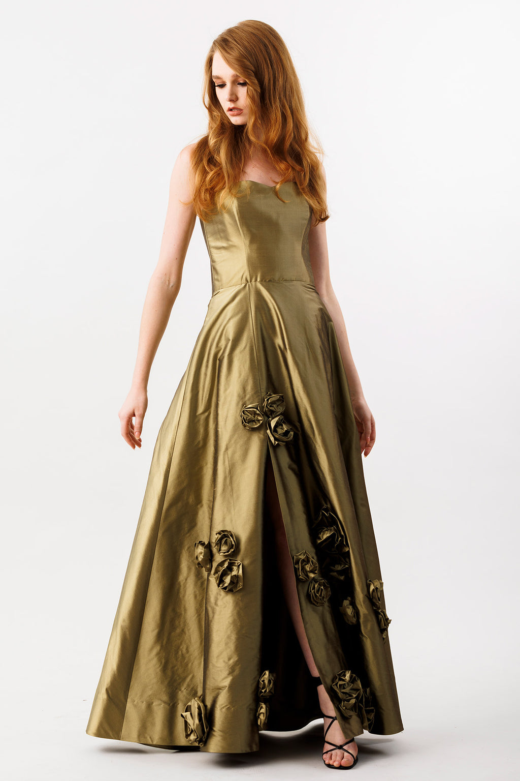 Royal Symphony Bronze Silk Taffeta Corseted Strapless Gown with Full Skirt