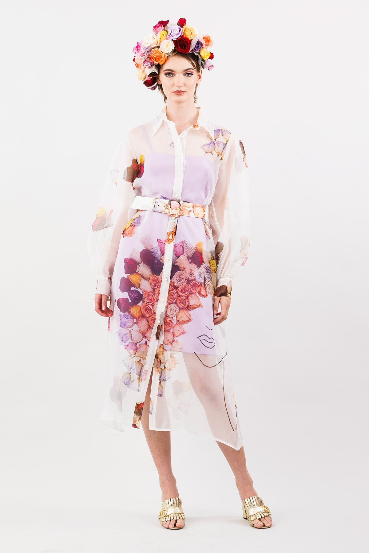 La Belle Sheer Silk Organza Art Print Shirt Dress