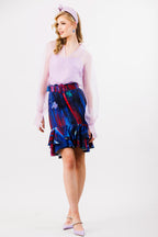 French Riviera Silk Faille Art Print Skirt with Ruffled Hem