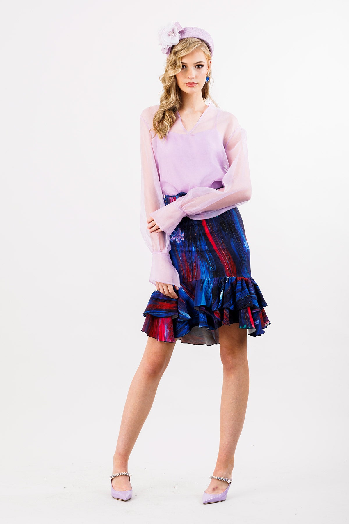 French Riviera Silk Faille Art Print Skirt with Ruffled Hem