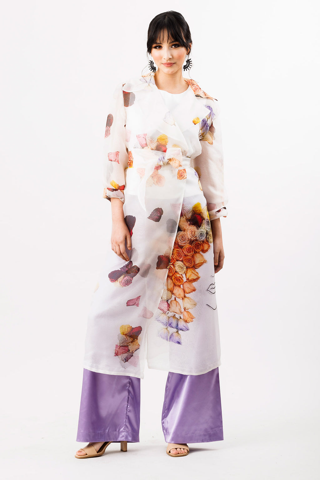 La Belle Silk Organza Doubled Layered Art Print Trench Coat and Tie Belt