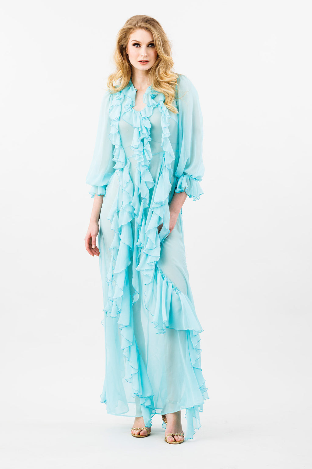 Monaco Silk Georgette Ruffle Gown in Tiffany Blue