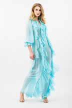 Monaco Silk Georgette Ruffle Gown in Tiffany Blue