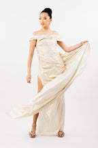 City Of Lights Off-Shoulder Gown with Train and Ruching in Pale Gold Silk