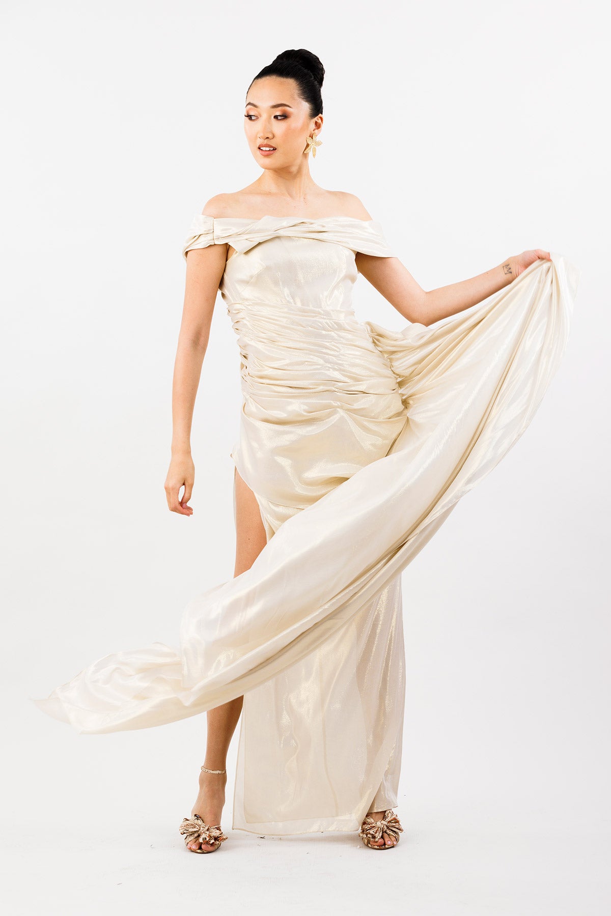 City Of Lights Off-Shoulder Gown with Train and Ruching in Pale Gold Silk