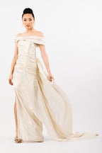 City Of Lights Off-Shoulder Gown with Train and Ruching in Pale Gold Silk