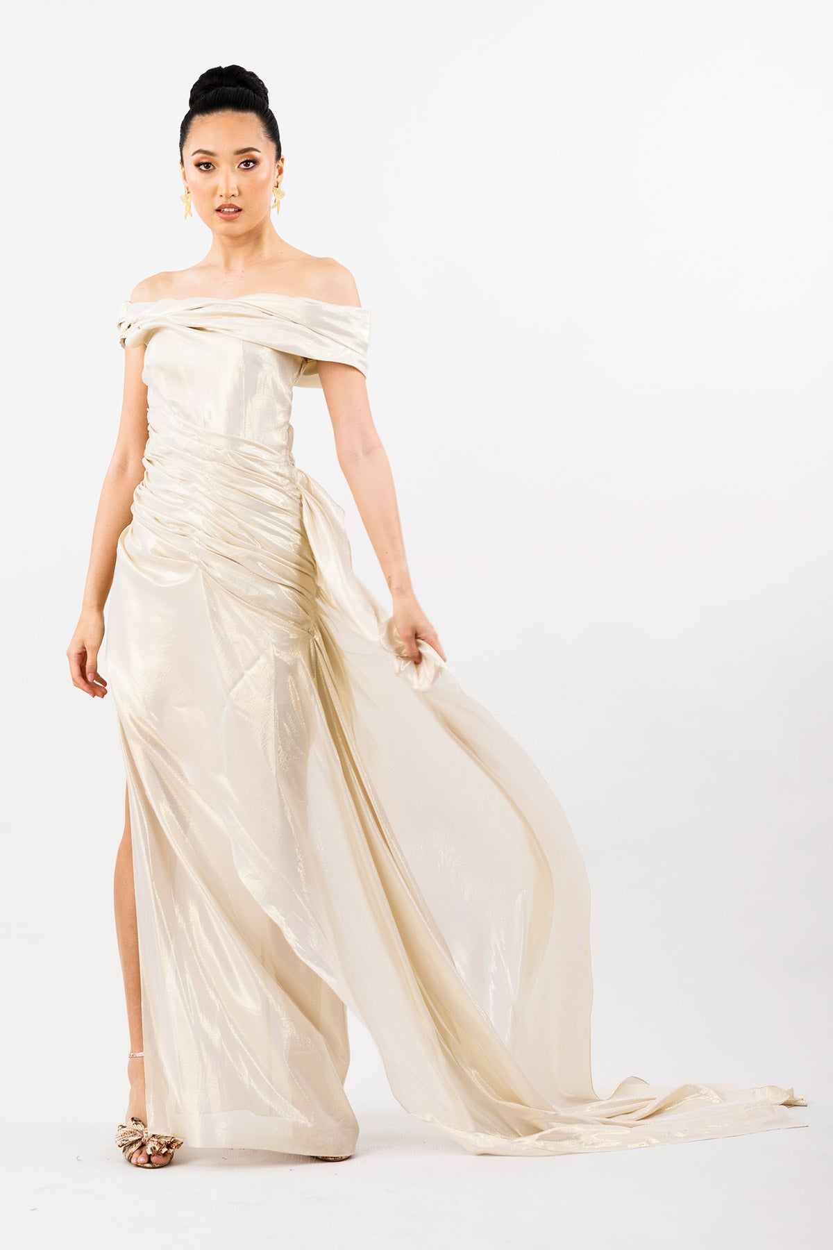 City Of Lights Off-Shoulder Gown with Train and Ruching in Pale Gold Silk
