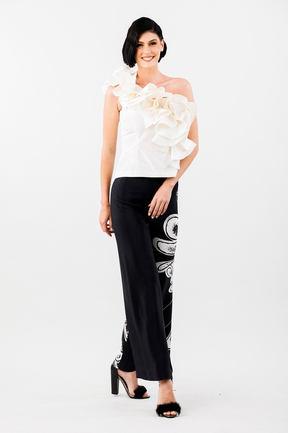 Frolicking Through Florence: Ivory Silk Taffeta One-Shouldered Ruffle Top