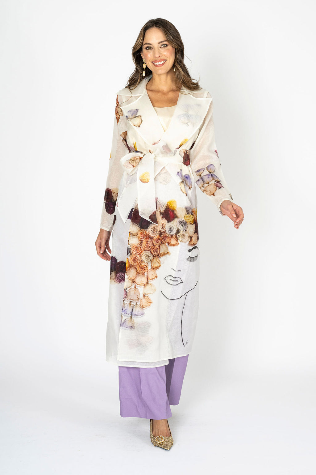 La Belle Silk Organza Doubled Layered Art Print Trench Coat and Tie Belt