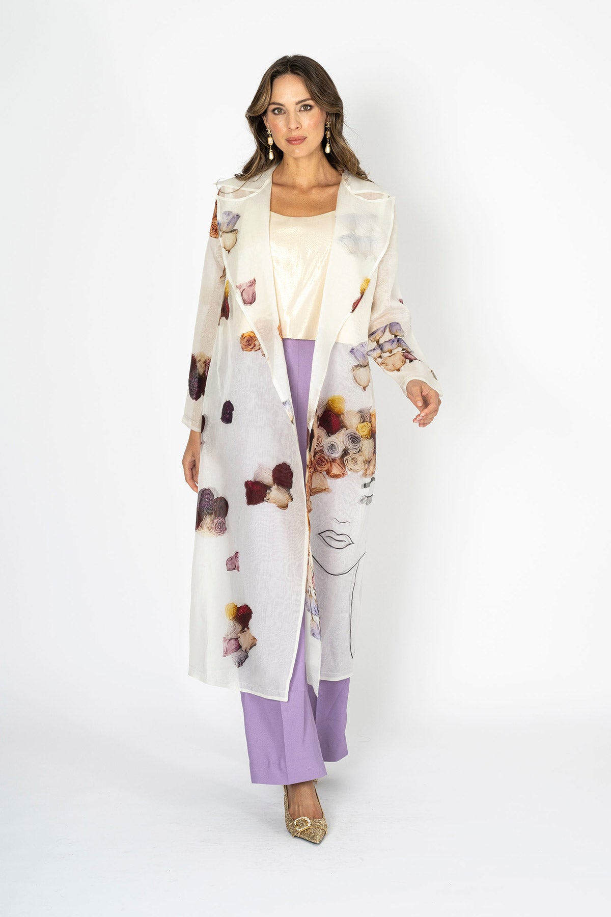 La Belle Silk Organza Doubled Layered Art Print Trench Coat and Tie Belt