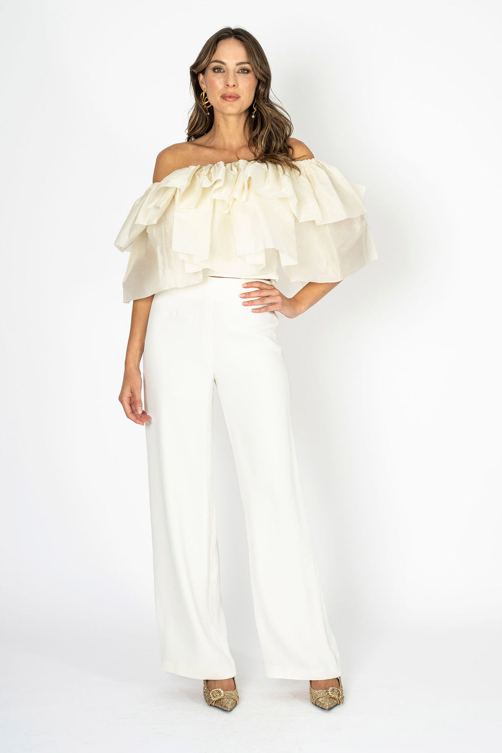 Eclora Flow Ivory Organzza Off-Shoulder Ruffle Top and Tube Top