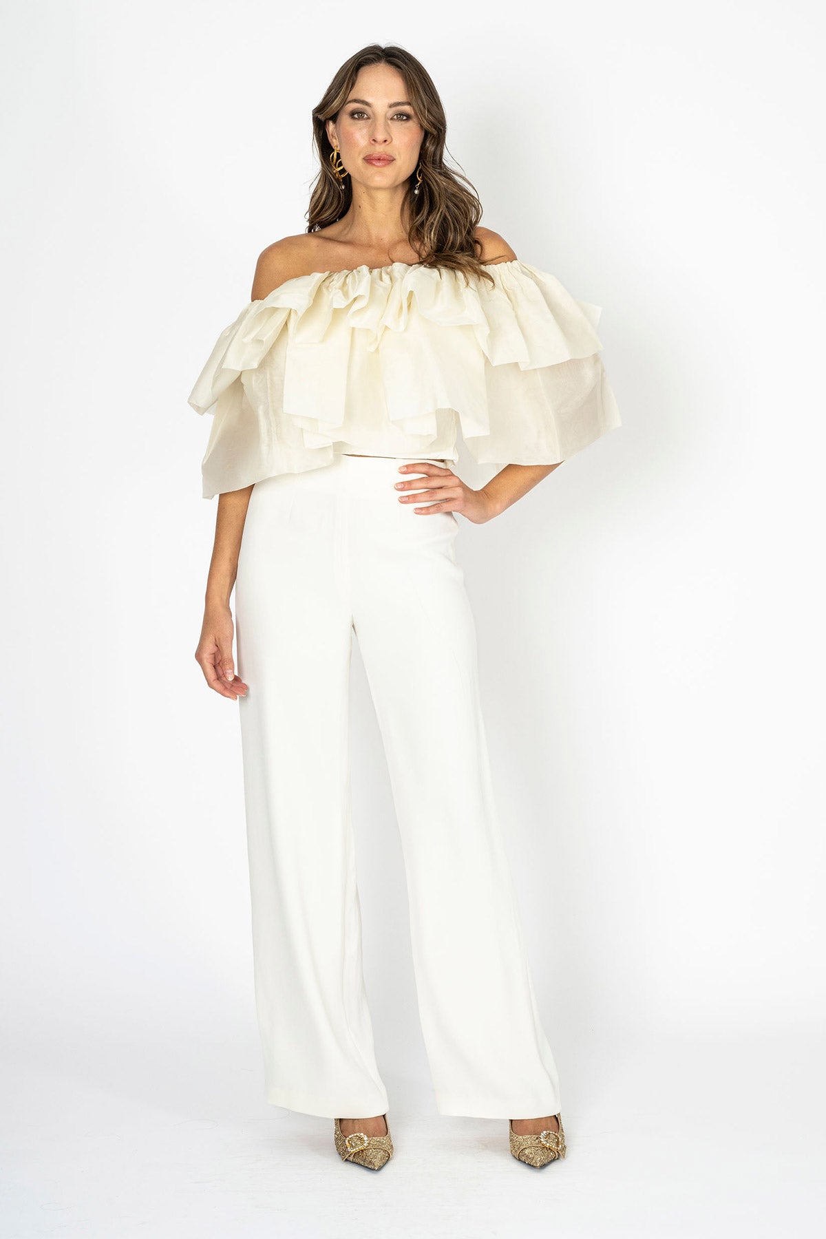 Eclora Flow Ivory Organzza Off-Shoulder Ruffle Top and Tube Top