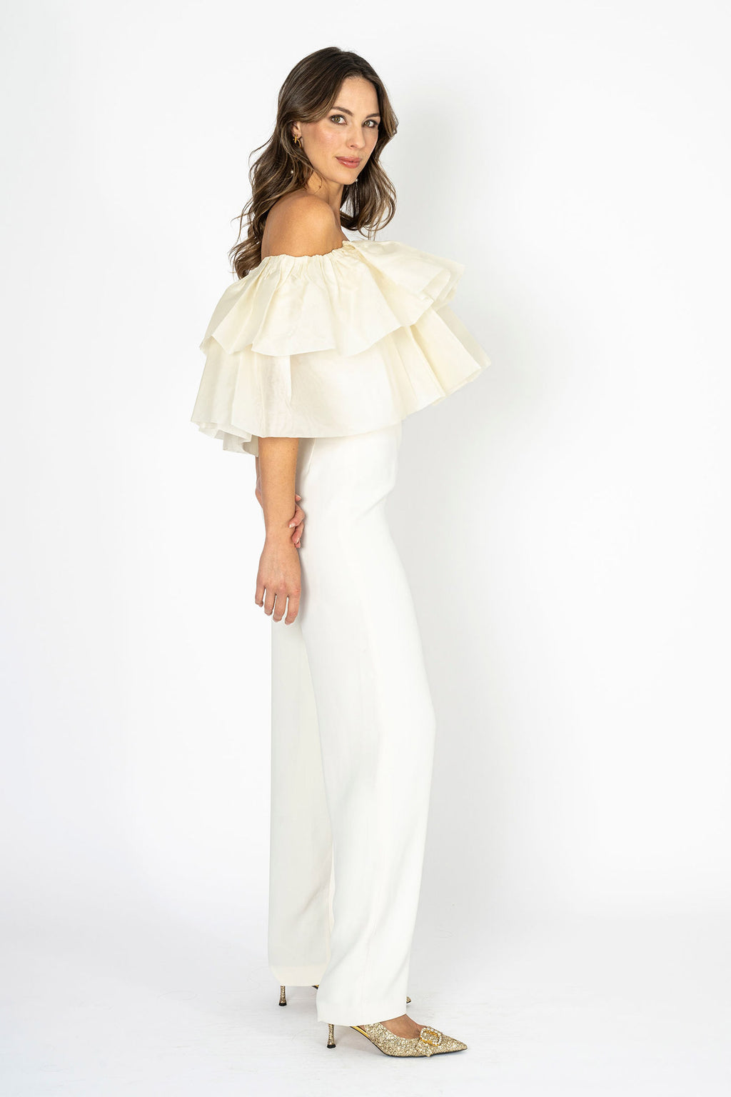 Eclora Flow Ivory Organzza Off-Shoulder Ruffle Top and Tube Top