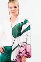 Madison Avenue Silk Satin Art Print Oversized Shirt