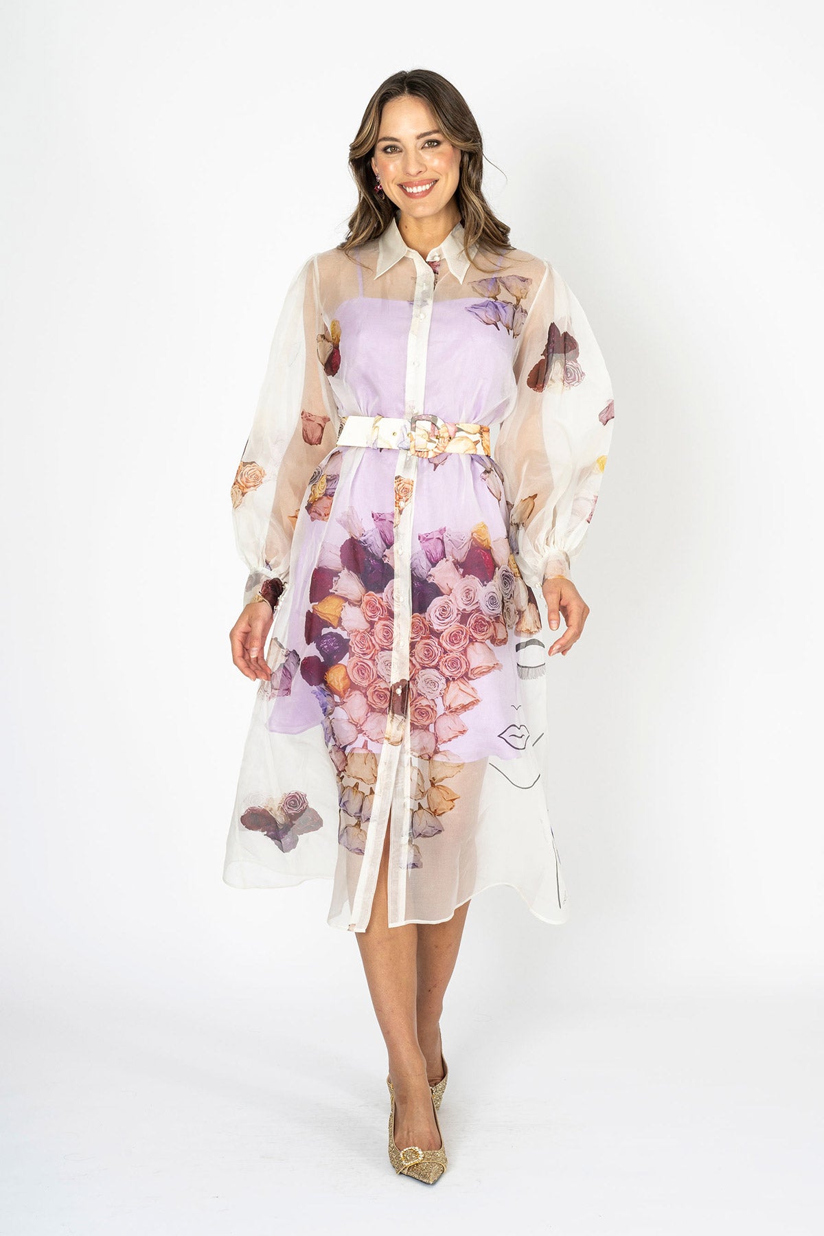 La Belle Sheer Silk Organza Art Print Shirt Dress