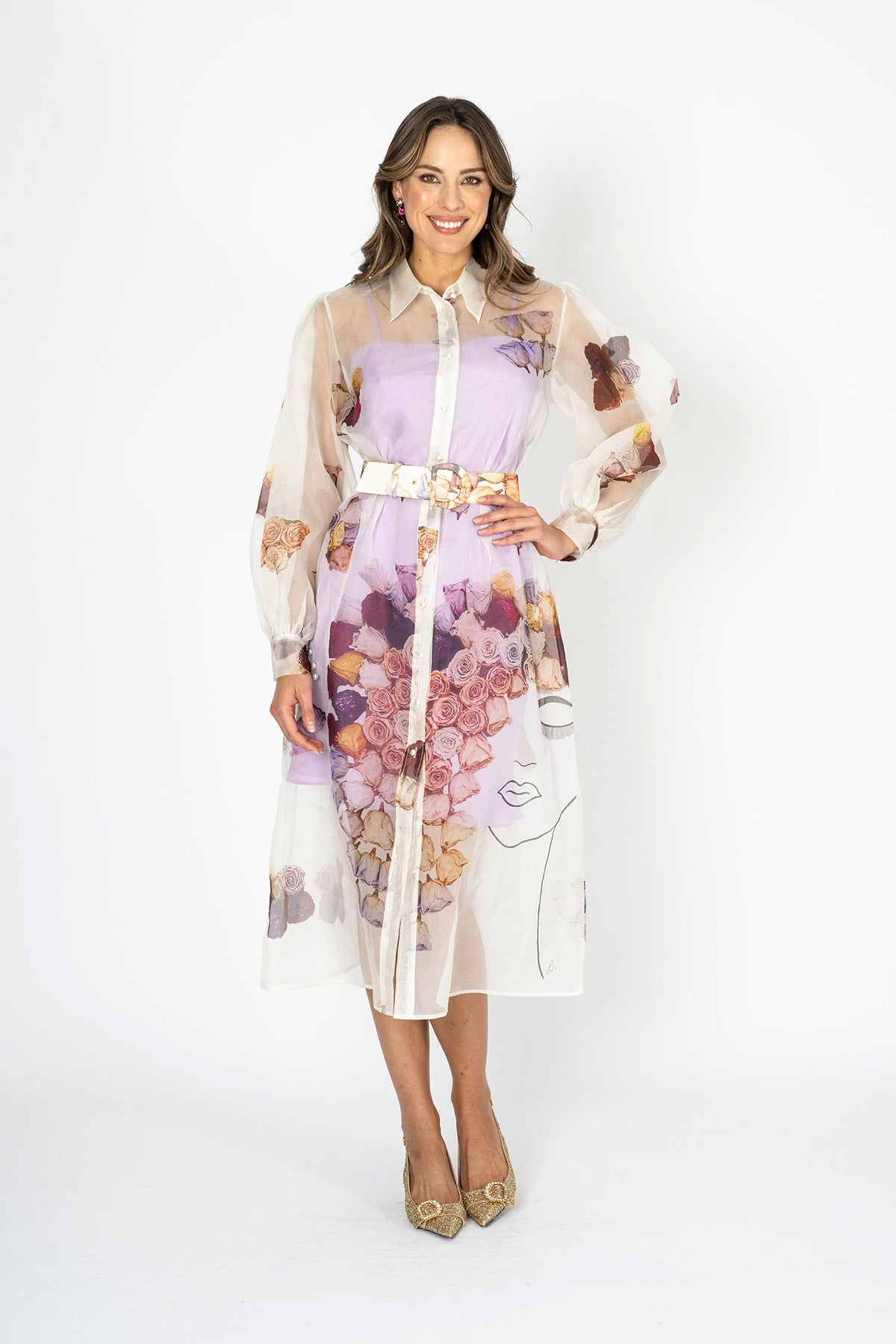La Belle Sheer Silk Organza Art Print Shirt Dress